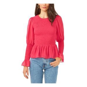 1. STATE Womens Pink Smocked Long Sleeve Crew Neck Wear To Work Peplum Top XS